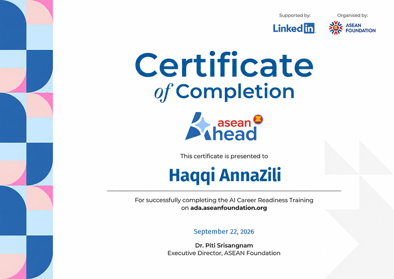 Sertifikat AI Career Readiness Training milik Haqqi AnnaZili