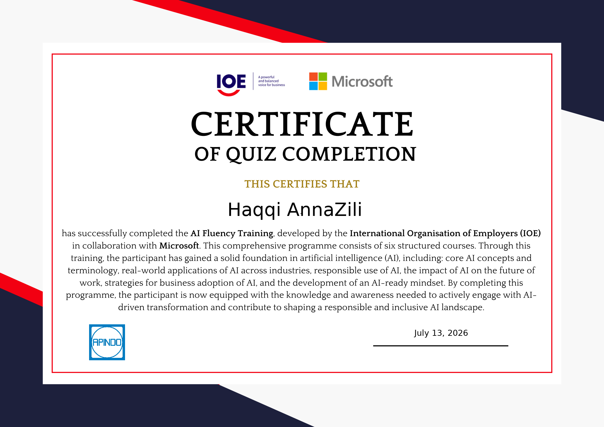 Sertifikat AI Fluency Training milik Haqqi AnnaZili