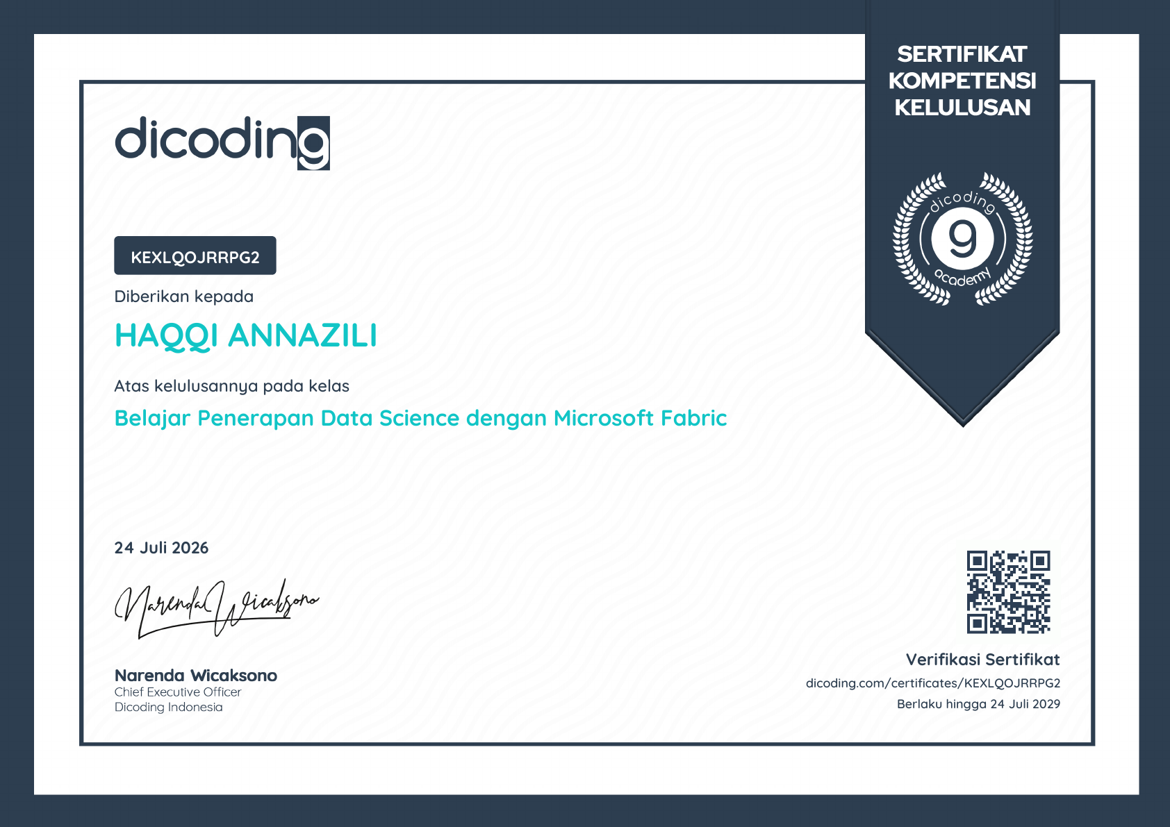 Sertifikat Belajar Penerapan Data Science dengan Microsoft Fabric milik Haqqi AnnaZili