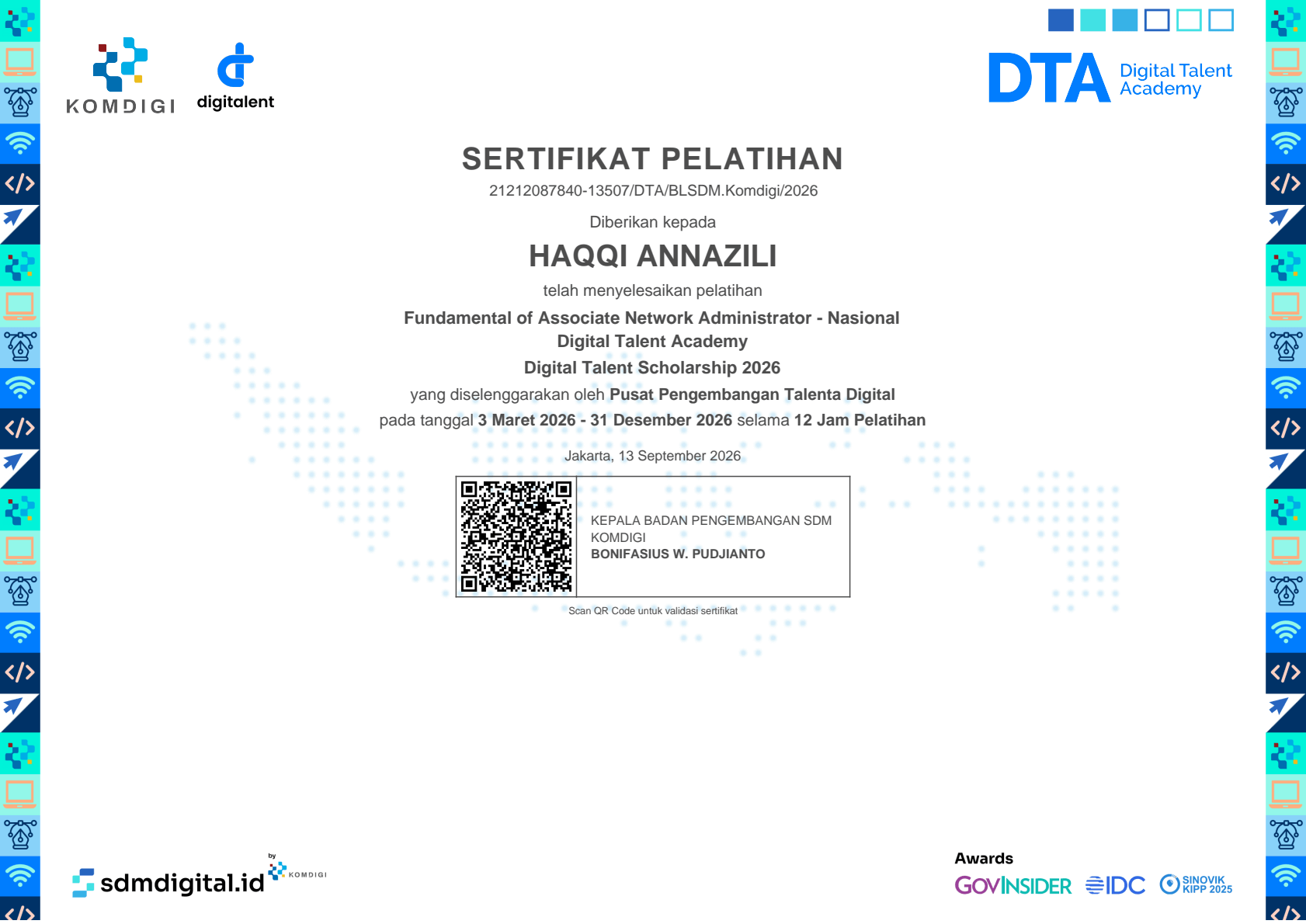 Sertifikat Fundamental of Associate Network Administrator - Nasional milik Haqqi AnnaZili