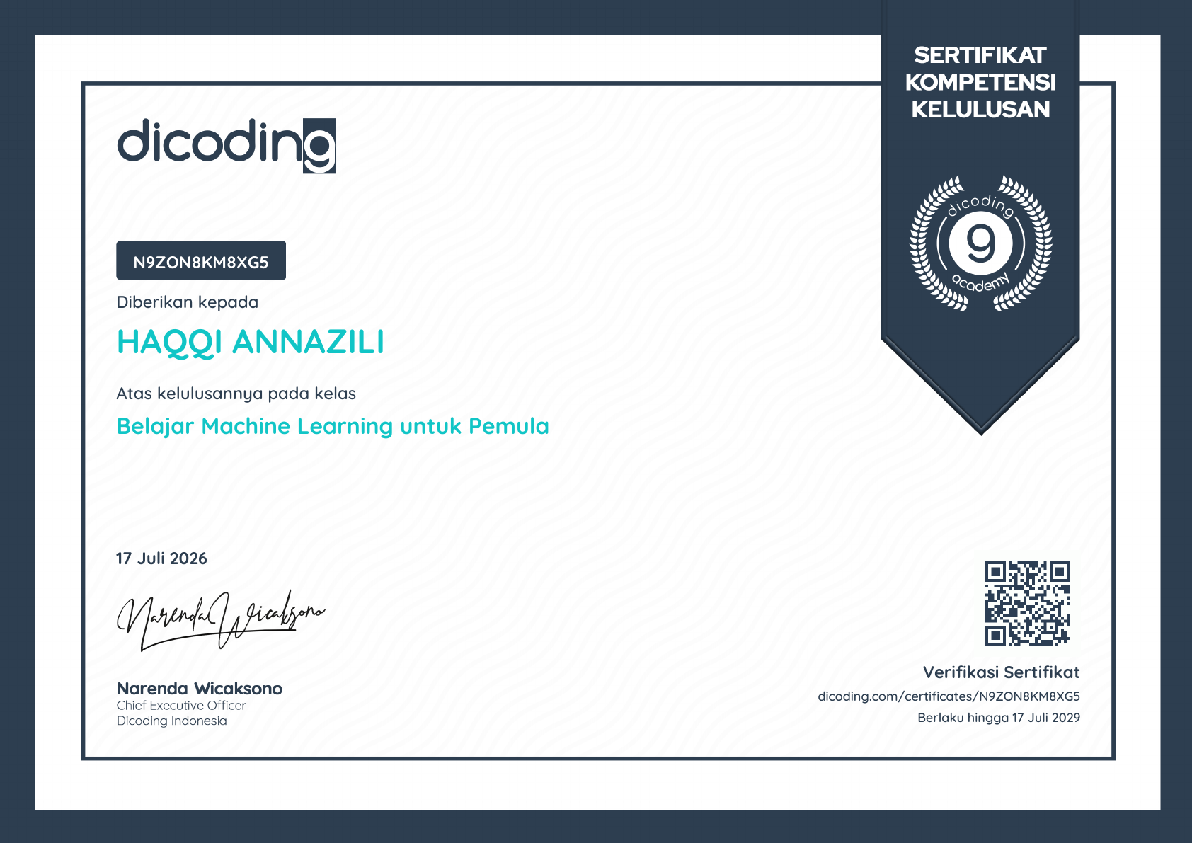 Sertifikat Belajar Machine Learning untuk Pemula milik Haqqi AnnaZili